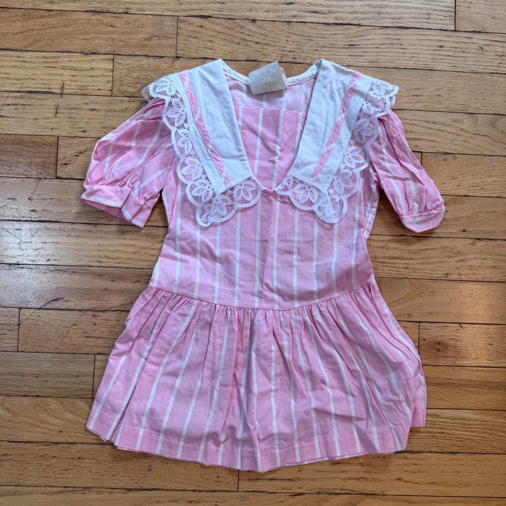 Bonnie‎ Jean Vintage Girls Pink White Stripe Lace Sailor Collar Dress Size 4 USA